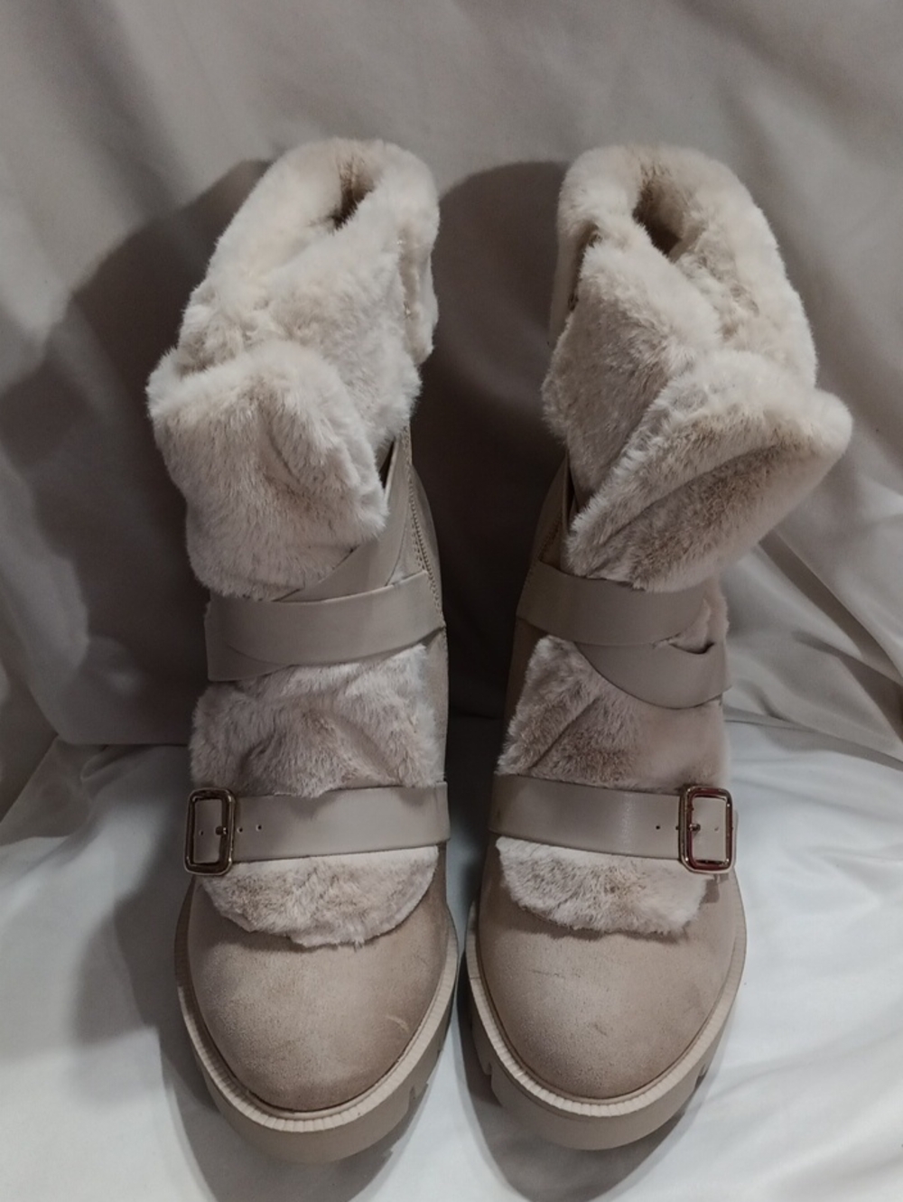 Women’s Cream Faux-Fur Buckle Ankle Boots